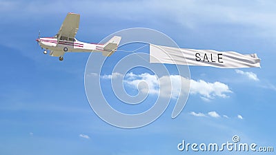 Small propeller airplane towing banner with SALE caption in the sky. 3D rendering Stock Photo