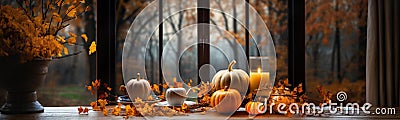 Pumpkin display with candle and fall foliage resting on window sill with a country veiw banner - generative AI Stock Photo