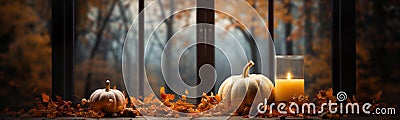 Outdoor pumpkins, candle and fall foliage with a woody view banner - generative AI Stock Photo