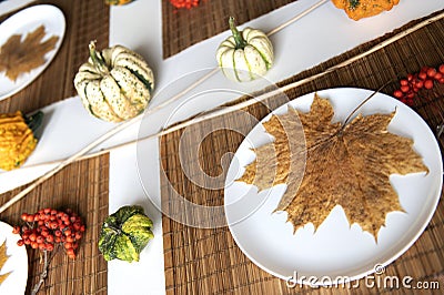 small pumpkins and dry brown maple leafs on white plates, autumn dinner table Stock Photo