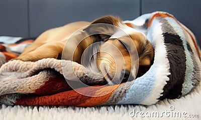 Small puppy dog sleeping on a blanket Stock Photo