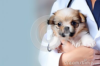 A small puppy in the hands of a veterinarian. Generative AI Stock Photo