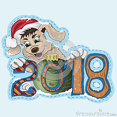 A small puppy is holding a New Year date 2018 Vector Illustration