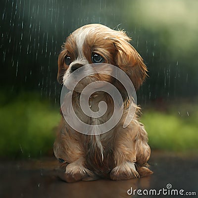 A small puppy is sitting in the rain. . AI generated. Stock Photo