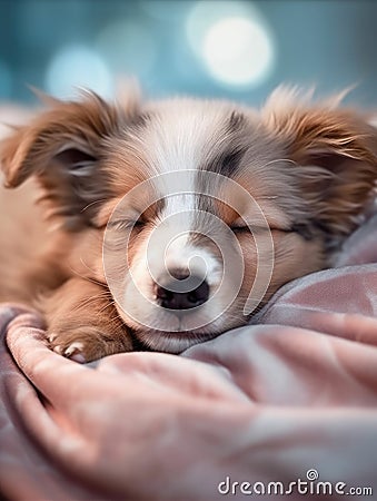 Small puppy sleeping on top of a blanket Stock Photo