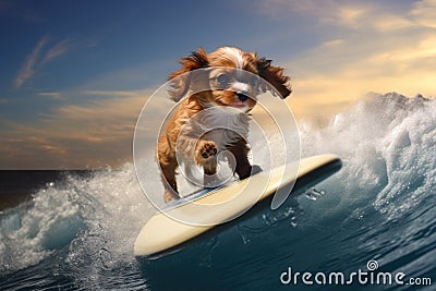 a small puppy on a surfboard, riding a small wave into shore Stock Photo