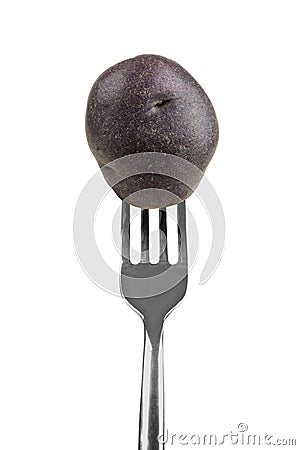 Small purple potato on a fork isolated on white Stock Photo