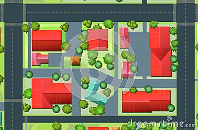 Small quarter. Streets of city. Top View from above. Small town house and road. Map with roads, trees and buildings Vector Illustration