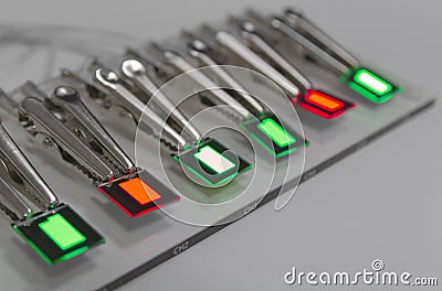 Small R G oled displays is lighting on a probe station. Lighting display technology. Stock Photo