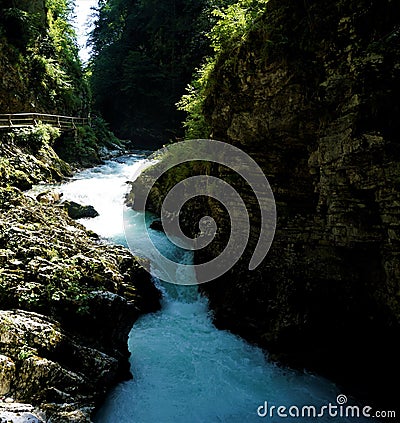 Small Radovna waterfall in Vintgar Gorge Stock Photo