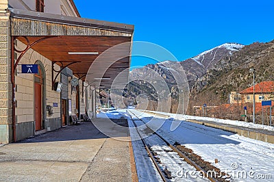 Small railway station in Alps. Stock Photo