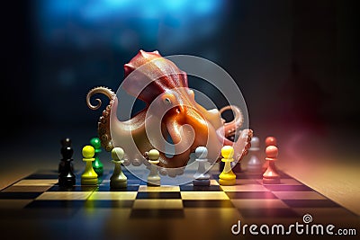 Small rainbow octopus playing transparent rainbow chess on chessboard, AI generative Stock Photo