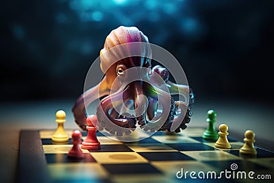 Small rainbow octopus playing transparent rainbow chess on chessboard, AI generative Stock Photo