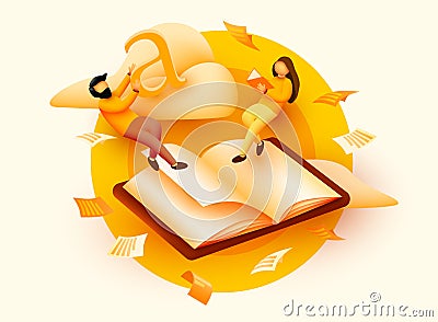 Small reading people flying above book. Education concept. School or university students. Science banner Cartoon Illustration