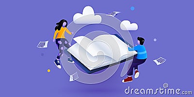 Small reading people flying above book. Education concept. School or university students. Science banner. Vector Illustration