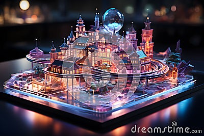 Small rectangular data sheets, hologram data collection, amusement park structure display, future technology beyond imagination, Stock Photo