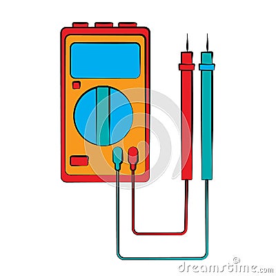 A small red blue electricity meter, tester, digital multimeter, for measuring AC, DC voltage, current, resistance, wiring Vector Illustration