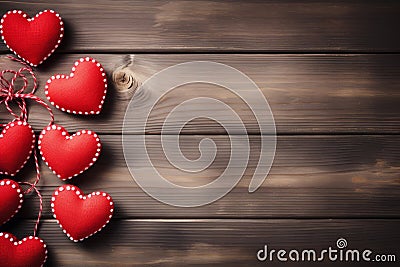 Small red hearts on wooden plank background. Mockup for wallpapers, backgrounds, postcards on Valentine's day Stock Photo