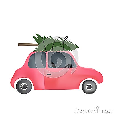 Small red vintage car and christmas tree Vector Illustration