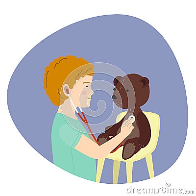 Small redhead boy playing a doctor with plush teddy bear toy Vector Illustration