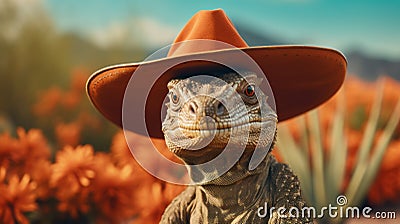 Close-up Komodo Dragon In Cowboy Hat: Photorealistic Portraiture With Romanticism Style Stock Photo