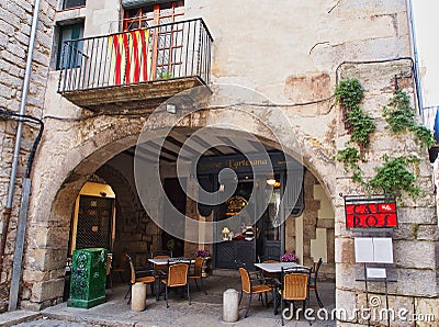 Small Restaurant, Girona Old Town, Catalonia, Spain Editorial Stock Photo