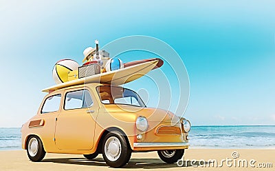 Small retro car with baggage, luggage and beach equipment on the roof, fully packed, ready for summer vacation, concept of a road Stock Photo