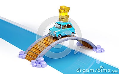 Small retro travel car on bridge Stock Photo