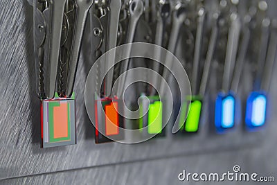 Small RGB oled displays is lighting on a probe station. Lighting display technology. Stock Photo