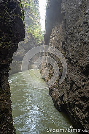Small river with rock cliff in Aare gorge Aareschlucht for background Stock Photo