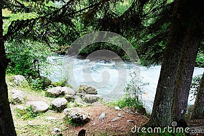 Small river in summer season in a morning, Caucasus mountain range Stock Photo