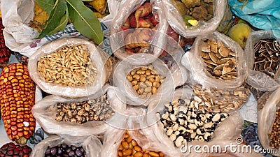 Small sacks of dried beans and grains Stock Photo