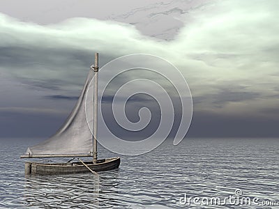 Small sailing boat on the ocean - 3D render Stock Photo