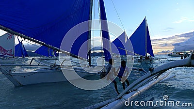 Small sailing boats at the sunset. Boracay, Philippines Editorial Stock Photo