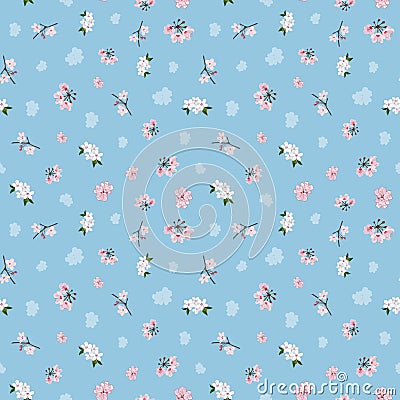 Small sakura flowers on blue background repeat pattern Vector Illustration