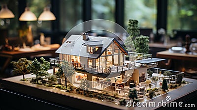 Miniature Scale Model of a Contemporary House Design On the Table In A Real Estate Office. Generative AI Stock Photo