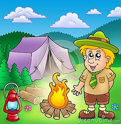 Small scout with fire and tent Cartoon Illustration