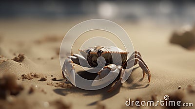 Small sea crab in its natural habitat walking on the sand beach in summer. Generative AI Stock Photo