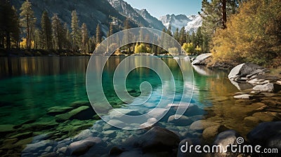 a small sea in the mountains with treas in the background Stock Photo