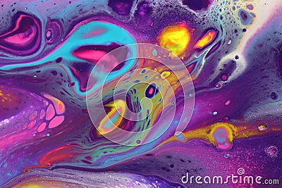 Abstract painting with neon yellow, pink, and real for a cosmic feel for backgrounds. Stock Photo