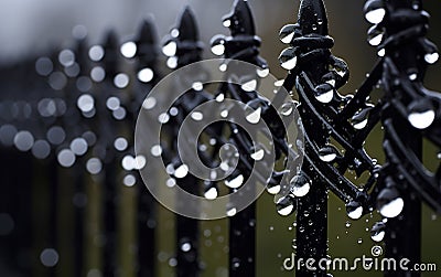Small, shiny drops of water adorn a black metal fence. Stock Photo