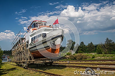 Small ship swimming on land Editorial Stock Photo