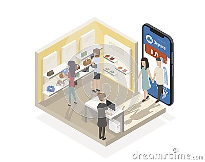 Small shop inside sale online by smartphone inside Vector Illustration