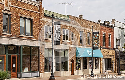 Small shops and street banners in Holland, MI, USA Editorial Stock Photo