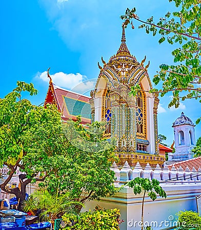 The shrine covered with colorful ceramic tiles of Wat Ratchabophit temple in Bangkok, Thailand Stock Photo