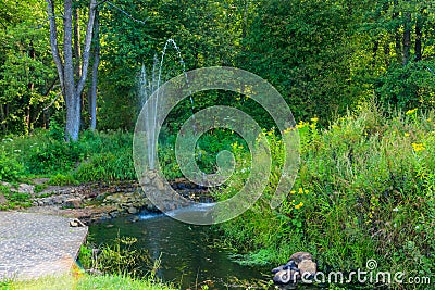 Small simple fountain in green park at summer Stock Photo