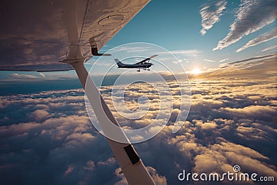 Small single engine airplane flying in the gorgeous sunset sky through the sea of clouds Stock Photo