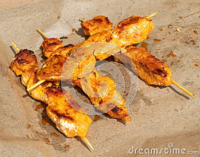 Small Skewers, Street Barbecue, Chicken Shish Kebab, Barbecue Shashlik, Skewered Grilled Chicken Meat Stock Photo