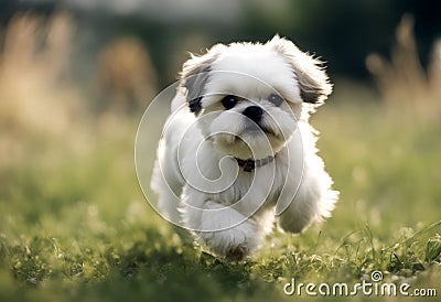 small smalldog dog running tzu whitedog generative playful white field shihtzu grass shih ai Stock Photo