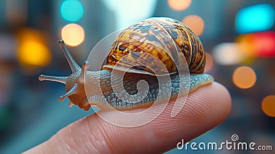 small snail crawling on fingertip against smooth background, showcasing intricate shell patterns and vibrant colors Stock Photo